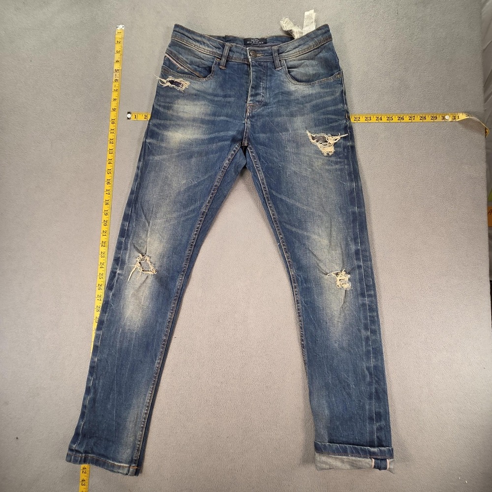 Bershka‎ Jeans Mens Selvedge Blue Med Wash Skinny Whiskers Honeycomb Fits 28x31